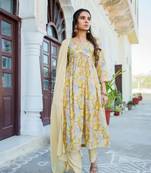 Women yellow muslin embroidered kurta  pant & dupatta set