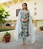 Women skyblue muslin  embroidered kurta pant & dupatta set