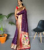 Purple Color Paithani silk blend Saree With Paithani Rich Weaved Pallu And Contrast Blouse