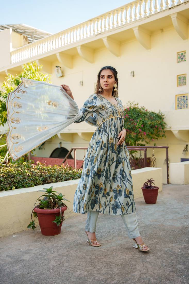 Women skyblue muslin  embroidered kurta pant & dupatta set