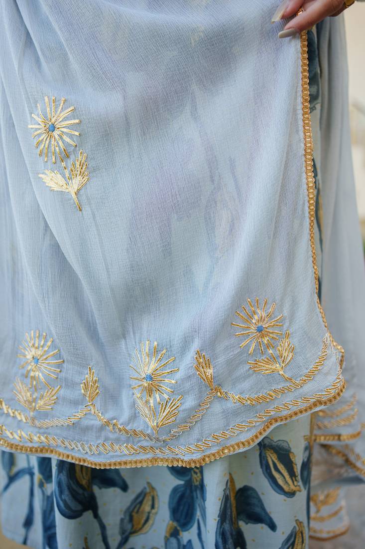 Women skyblue muslin  embroidered kurta pant & dupatta set