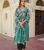 Women teal muslin embroidered kurta  pant & dupatta set