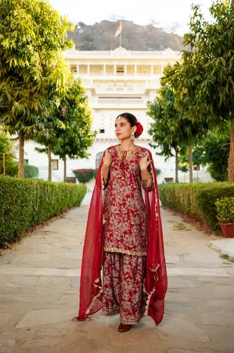 Women maroon muslin floral & embroidered cut work kurta  sharara & dupatta set