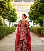 Women maroon muslin floral & embroidered cut work kurta  sharara & dupatta set