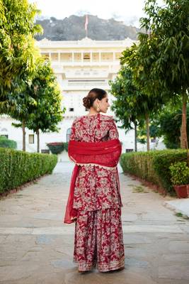 Women maroon muslin floral & embroidered cut work kurta  sharara & dupatta set 2