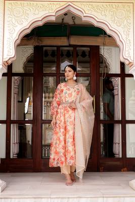 Women cream organza floral print & embroidered anarkali kurta  pant & dupatta set 1