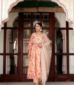 Women cream organza floral print & embroidered anarkali kurta  pant & dupatta set