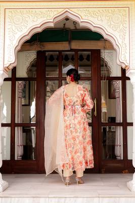 Women cream organza floral print & embroidered anarkali kurta  pant & dupatta set 2