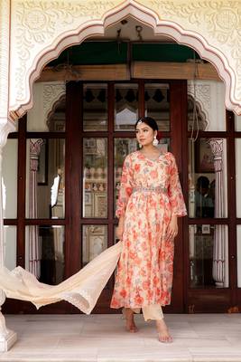 Women cream organza floral print & embroidered anarkali kurta  pant & dupatta set 4