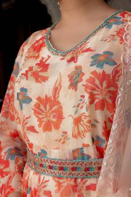 Women cream organza floral print & embroidered anarkali kurta  pant & dupatta set 5