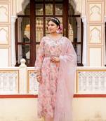 Women white organza floral print & embroidered anarkali kurta  pant & dupatta set