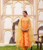 Women yellow organza floral embroidered anarkali kurta  pant & dupatta set