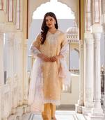 Women peach linen printed kurta  pant & dupatta set