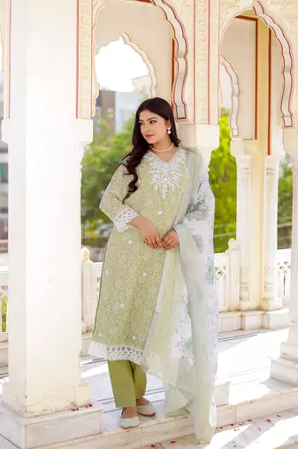 Women pista green linen printed  kurta  pant & dupatta set