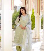Women pista green linen printed  kurta  pant & dupatta set