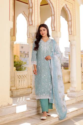 Women sky blue linen floral printed kurta  pant & dupatta set