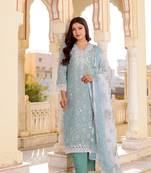 Women sky blue linen floral printed kurta  pant & dupatta set