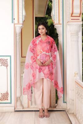 Women ivory tabby slik print & embroidered kurta  pant & dupatta set 1