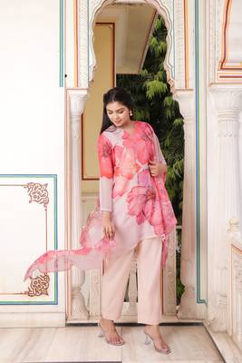 Women ivory tabby slik print & embroidered kurta  pant & dupatta set 4