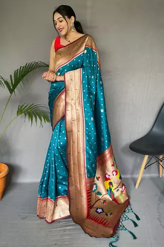 Rama Color Paithani silk blend Saree With Paithani Rich Weaved Pallu And Contrast Blouse