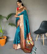 Rama Color Paithani silk blend Saree With Paithani Rich Weaved Pallu And Contrast Blouse