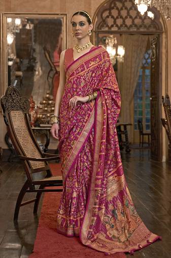 Silk Blend patola print dark pink designer saree with unstiched blouse