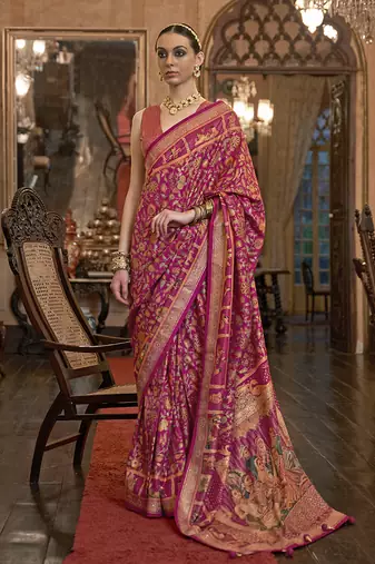 Silk Blend patola print dark pink designer saree with unstiched blouse