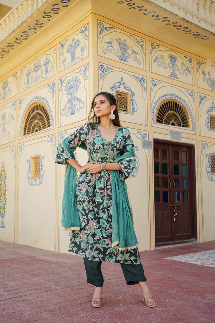 Women teal muslin embroidered kurta  pant & dupatta set