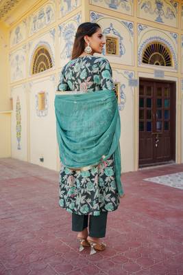 Women teal muslin embroidered kurta  pant & dupatta set 3
