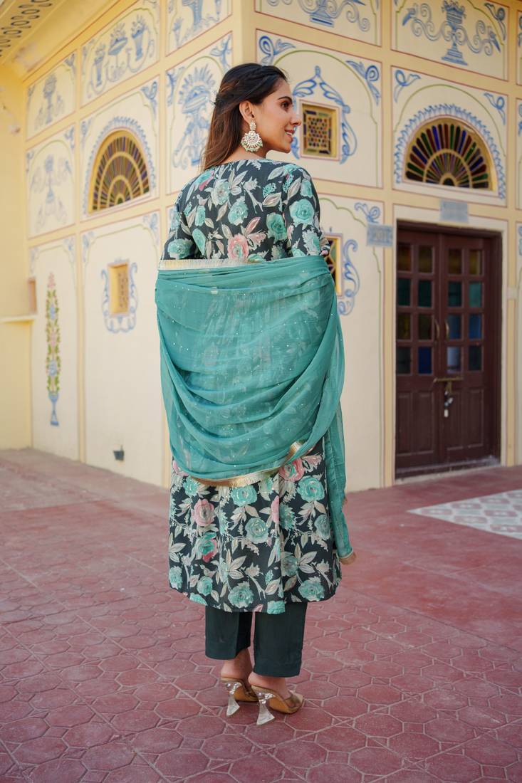 Women teal muslin embroidered kurta  pant & dupatta set