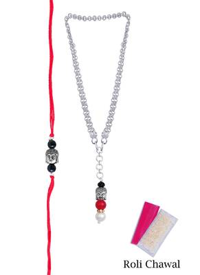 Red Cotton Dori Silver Plated Buddha Design Rakhi Combo 1
