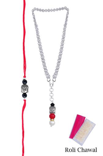 Red Cotton Dori Silver Plated Buddha Design Rakhi Combo