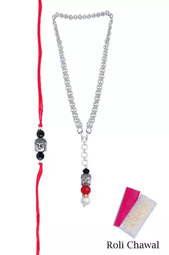 Red Cotton Dori Silver Plated Buddha Design Rakhi Combo