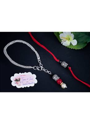Red Cotton Dori Silver Plated Buddha Design Rakhi Combo 2
