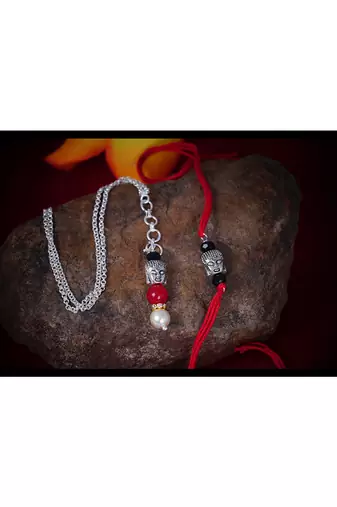 Red Cotton Dori Silver Plated Buddha Design Rakhi Combo