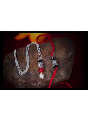 Red Cotton Dori Silver Plated Buddha Design Rakhi Combo 4