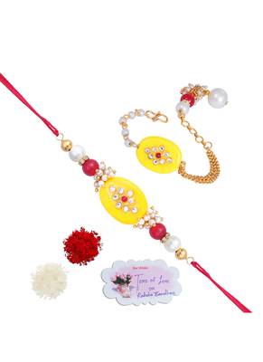 Handmade kundan yellow stone rakhi for brother, combo fancy design collection couple pair rakhi set 1