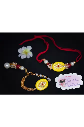 Handmade kundan yellow stone rakhi for brother, combo fancy design collection couple pair rakhi set