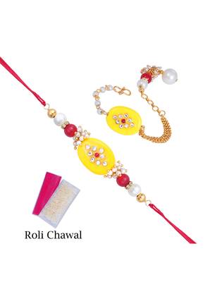 Handmade kundan yellow stone rakhi for brother, combo fancy design collection couple pair rakhi set 4