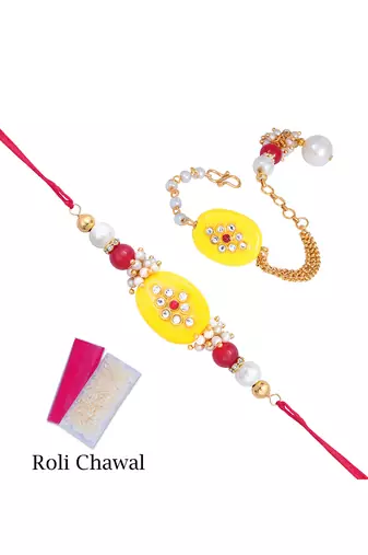 Handmade kundan yellow stone rakhi for brother, combo fancy design collection couple pair rakhi set