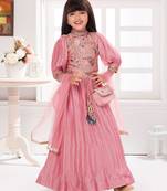 Tiny kingdom pink colored embroided sequins polyester fabric lehenga choli set along with pocket