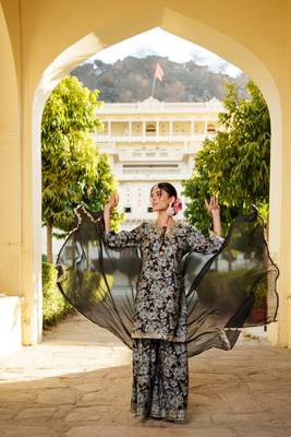 Women navy blue muslin floral & embroidered cut work kurta  sharara & dupatta set 1