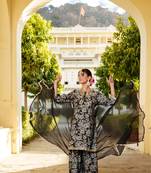 Women navy blue muslin floral & embroidered cut work kurta  sharara & dupatta set