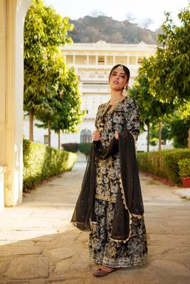 Women navy blue muslin floral & embroidered cut work kurta  sharara & dupatta set 2
