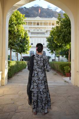 Women navy blue muslin floral & embroidered cut work kurta  sharara & dupatta set 3