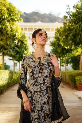 Women navy blue muslin floral & embroidered cut work kurta  sharara & dupatta set 4