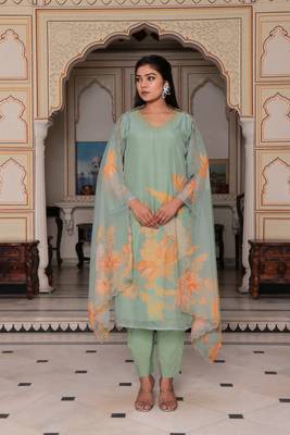 Women teal green tabby slik  print & embroidered kurta  pant & dupatta set 2
