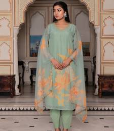 Women teal green tabby slik  print & embroidered kurta  pant & dupatta set