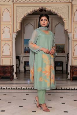 Women teal green tabby slik  print & embroidered kurta  pant & dupatta set 1