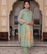 Women teal green tabby slik  print & embroidered kurta  pant & dupatta set